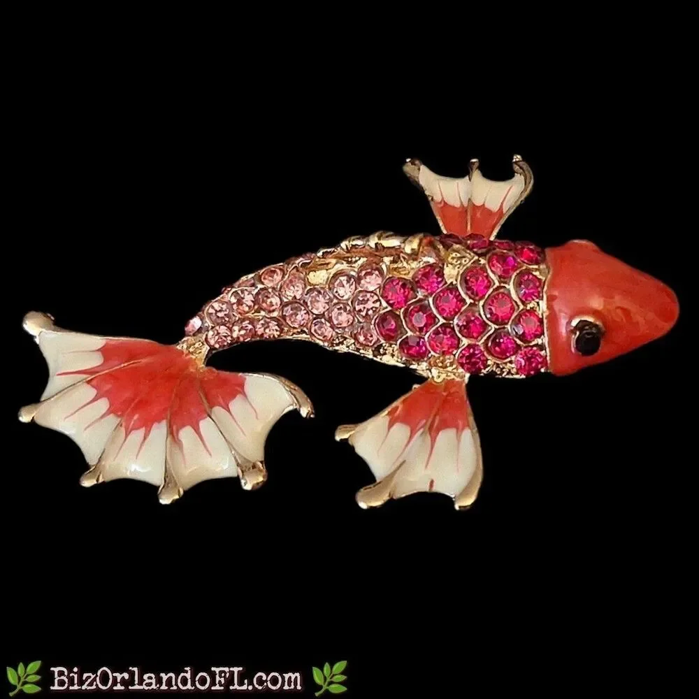 Koi Fish Brooch Pin / Pendant Combo Gold Tone Pink Red Rhinestone Crystal Enamel